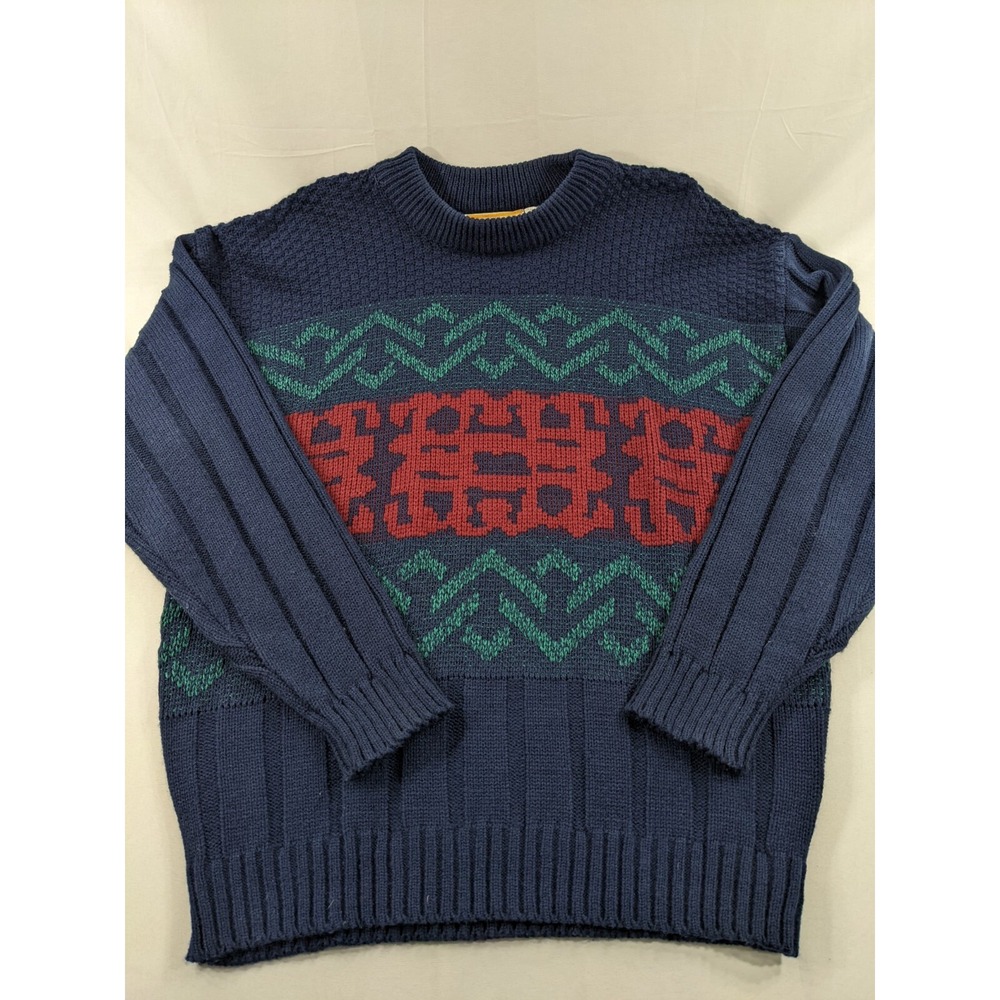 Vintage Adam Sloane Sweater Mens Medium‎ Blue Green Geometric Pullover Acrylic